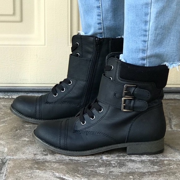 Double Buckle Military Topstitch Combat Moto Boots - Picture 1 of 6